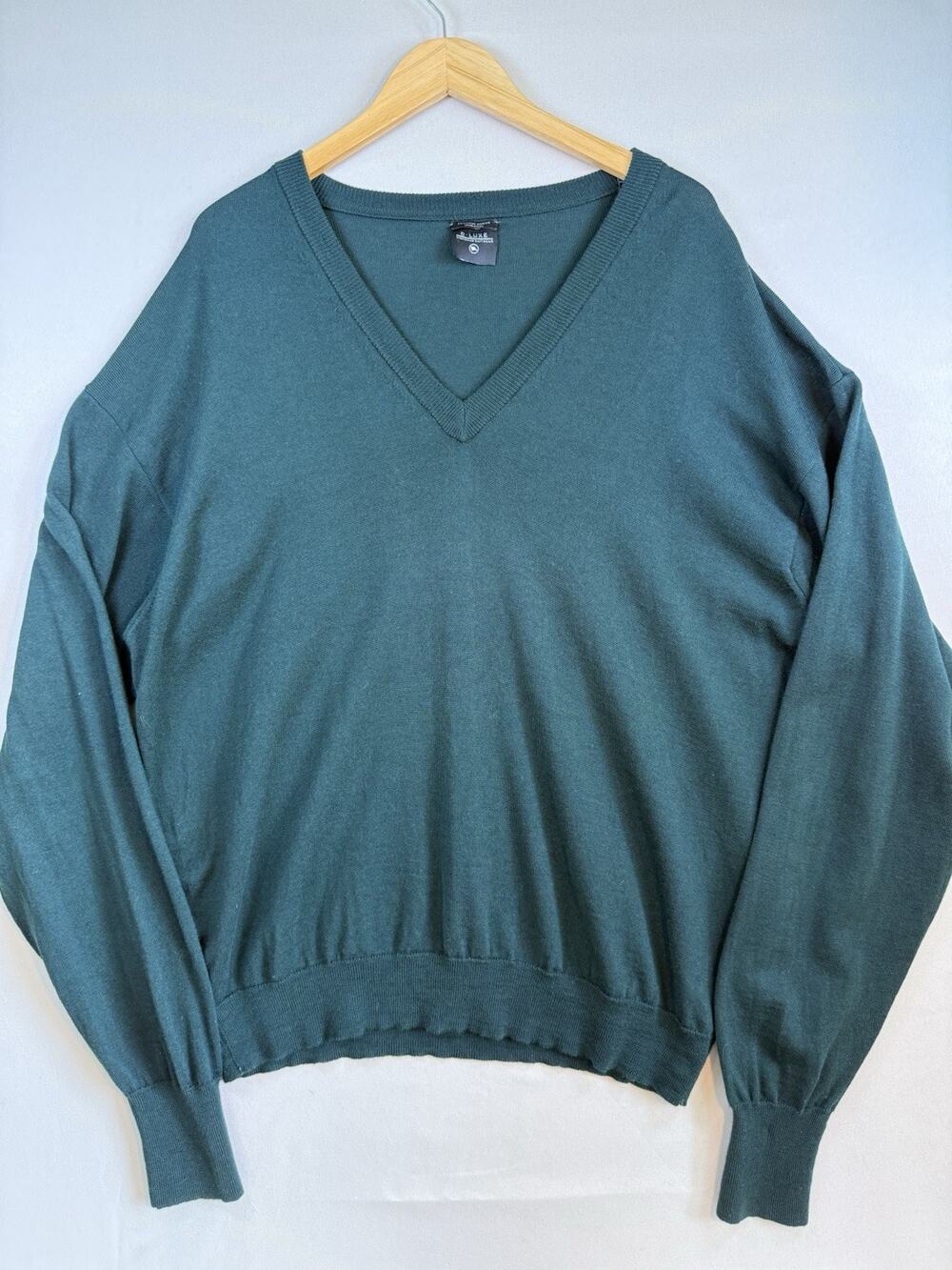 E-Luxe Evergreen Softwear 100% Extra Fine Merino Wool V Neck Sweater XXL Green